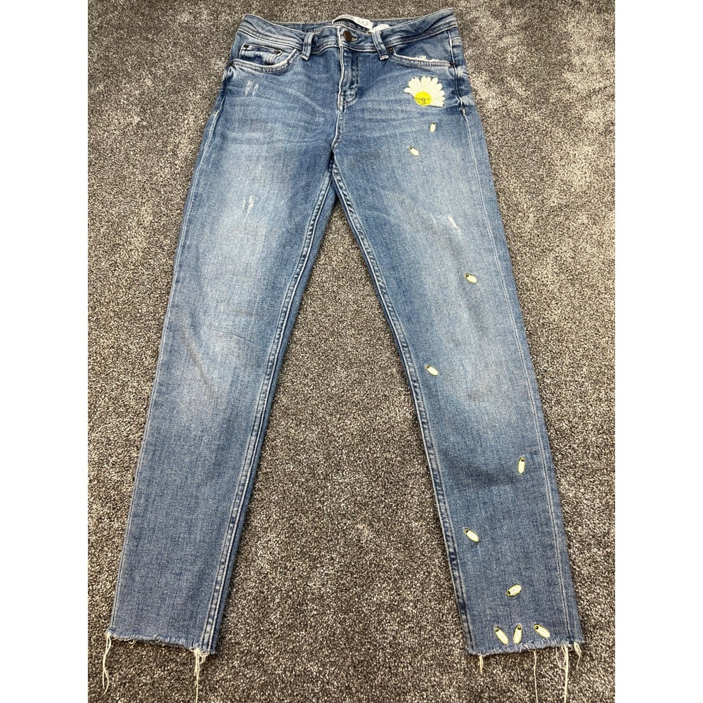 Zara Basic Z1975 Denim Daisy Embroidered Raw Hem Jeans Blue Womens Size 4